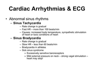 Cardiac Arrhythmias & ECG Abnormal sinus rhythms Sinus Tachycardia Rate change is gradual Fast HR – more than 100 beats/min Causes: increased body temperature, sympathetic stimulation of heart or toxic conditions of heart Sinus Bradycardia Rate change is gradual Slow HR – less than 60 beats/min Bradycardia in athletes Sick sinus syndrome Excessively sensitive baroreceptors Mild external pressure on neck – strong vagal stimulation – heart may stop! 