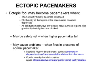 ECTOPIC PACEMAKERS Ectopic foci may become pacemakers when:  Their own rhythmicity becomes enhanced  Rhythmicity of the higher-order pacemakers becomes depressed All conduction pathways b/w ectopic focus & those regions with greater rhythmicity become blocked  May be safety net – when higher pacemaker fail May cause problems – when fires in presence of normal pacemaker Sporadic rhythm disturbances, such as   premature depolarizations/beats – atrial/nodal/ventricular beats    Continuous rhythm disturbances cause  atrial/nodal/ventricular   paroxysmal tachycardias 