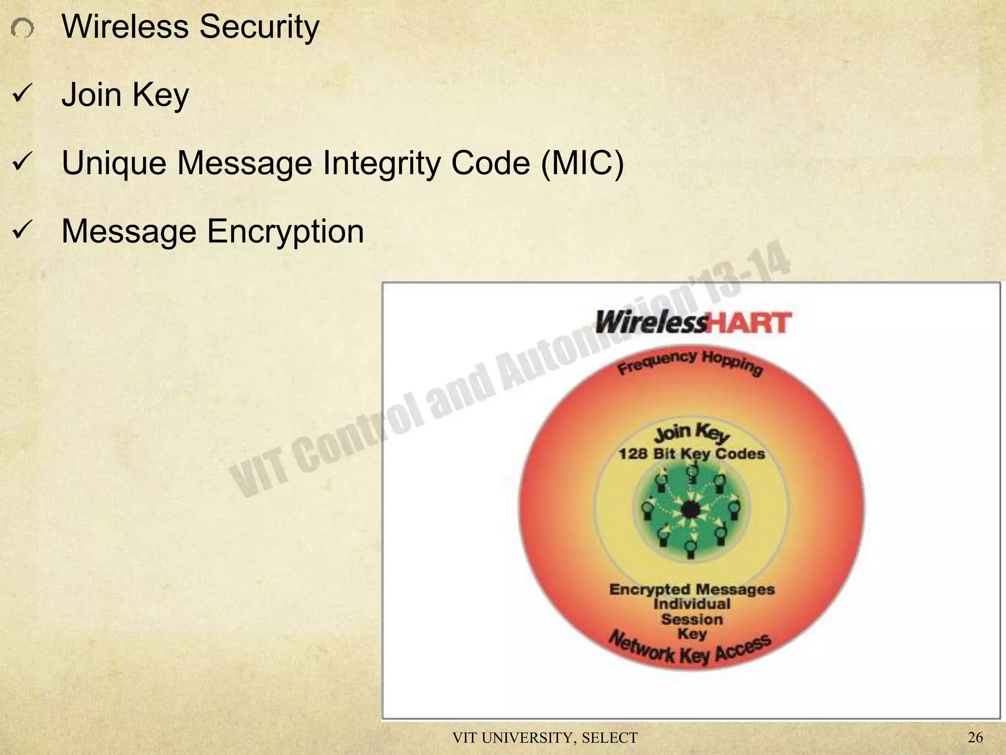 Wireless Security
 Join Key
 Unique Message Integrity Code (MIC)
 Message Encryption
VIT UNIVERSITY, SELECT 26
 