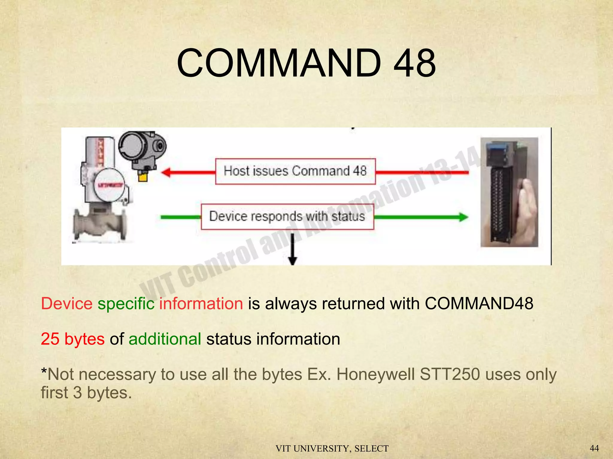 COMMAND 48
Device specific information is always returned with COMMAND48
25 bytes of additional status information
*Not necessary to use all the bytes Ex. Honeywell STT250 uses only
first 3 bytes.
VIT UNIVERSITY, SELECT 44
 