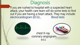 If you are rushed to hospital with a suspected heart
attack, your health care team will do some tests to find
out if you are having a heart attack. They may include:
electrocardiogram (ECG) , Blood tests
chest X-ray
coronary angiogram.
e.t.c
 