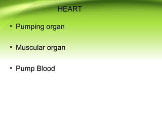 HEART
• Pumping organ
• Muscular organ
• Pump Blood
 