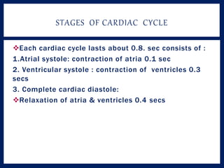 Each cardiac cycle lasts about 0.8. sec consists of :
1.Atrial systole: contraction of atria 0.1 sec
2. Ventricular systole : contraction of ventricles 0.3
secs
3. Complete cardiac diastole:
Relaxation of atria & ventricles 0.4 secs
STAGES OF CARDIAC CYCLE
 