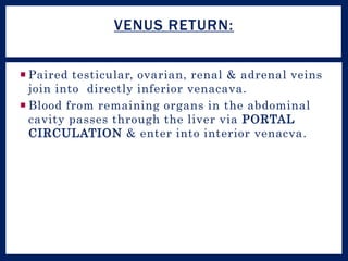  Paired testicular, ovarian, renal & adrenal veins
join into directly inferior venacava.
 Blood from remaining organs in the abdominal
cavity passes through the liver via PORTAL
CIRCULATION & enter into interior venacva.
VENUS RETURN:
 