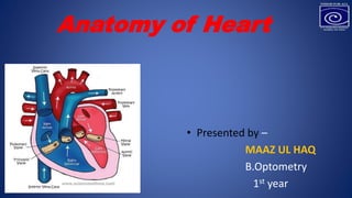 Anatomy of Heart
• Presented by –
MAAZ UL HAQ
B.Optometry
1st year
 