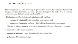 BLOOD CIRCULATION
Blood circulation is a vital physiological process that ensures the continuous transport of
oxygen, nutrients, hormones, and waste products throughout the body. It is a complex
system involving the heart, blood vessels, and blood.
The heart pumps blood into two closed circuits with each beat—
- systemic circulation (The left side of the heart pumps) and
- pulmonary Circulation (pulmon- = lung) (The right side of the heart pumps)
The two circuits are arranged in series: the output of one becomes the input of the other.
 organs involved in blood circulation
systemic circulation- Heart, Blood Vessels, Capillaries Veins
pulmonary Circulation : Lungs
 