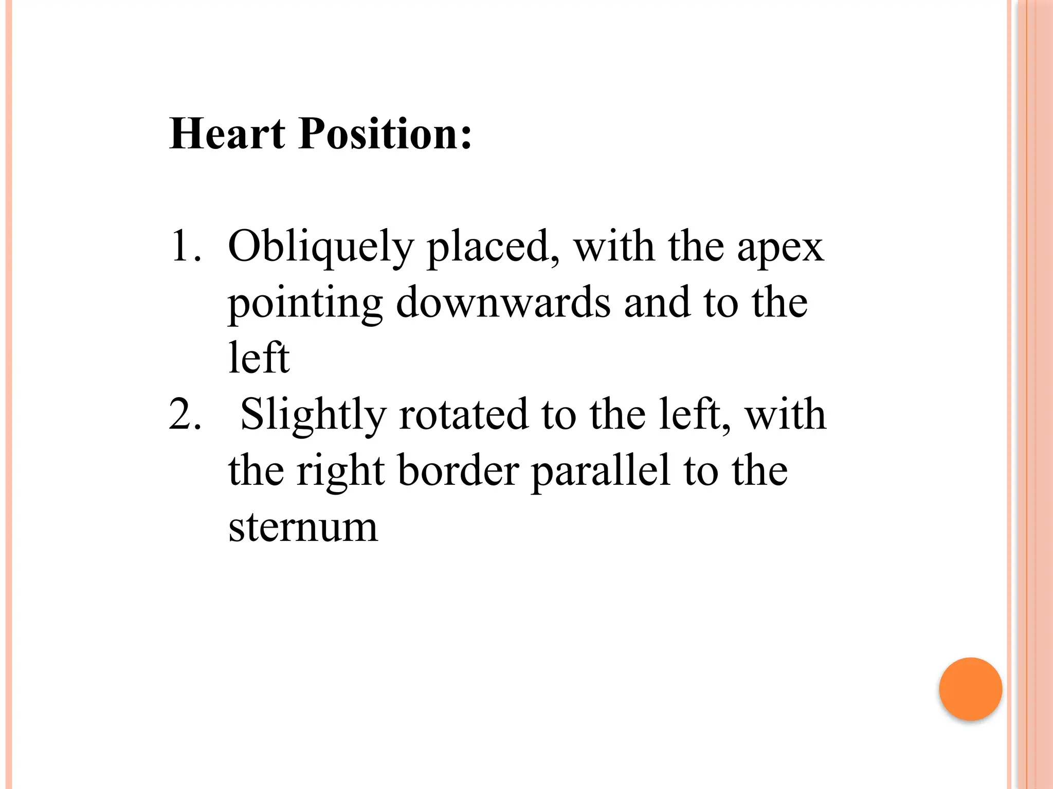 Heart Position:
1. Obliquely placed, with the apex
pointing downwards and to the
left
2. Slightly rotated to the left, with
the right border parallel to the
sternum
 