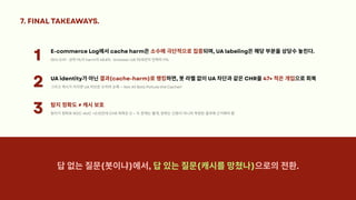 7. FINAL TAKEAWAYS.
E-commerce Log에서cache harm은소수에극단적으로집중되며, UA labeling은해당부분을상당수놓친다.
Gini 0.91 · 상위1%가harm의48.8% · browser-UA 75세션이전체의11%
1
1
1
1
UA identity가아닌결과(cache-harm)로랭킹하면, 봇라벨없이UA 차단과같은CHR을47× 적은개입으로회복
그리고캐시가커지면UA 차단은오히려손해— Not All Bots Pollute the Cache!!
2
2
2
2
탐지정확도≠ 캐시보호
탐지기정화로ROC-AUC +0.15인데CHR 회복은0 — 두문제는별개, 완화는신원이아니라측정된결과에근거해야함
3
3
3
3
답없는질문(봇이냐)에서, 답있는질문(캐시를망쳤나)으로의전환.
 