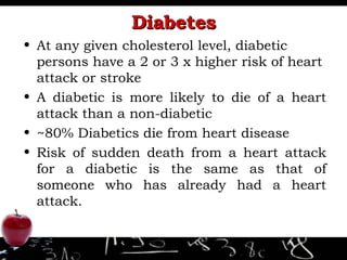 Diabetes <ul><li>At any given cholesterol level, diabetic persons have a 2 or 3 x higher risk of heart attack or stroke </...
