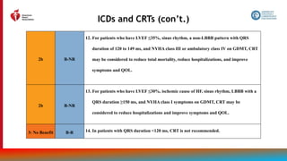 101
ICDs and CRTs (con’t.)
2b B-NR
12. For patients who have LVEF ≤35%, sinus rhythm, a non-LBBB pattern with QRS
duration of 120 to 149 ms, and NYHA class III or ambulatory class IV on GDMT, CRT
may be considered to reduce total mortality, reduce hospitalizations, and improve
symptoms and QOL.
2b B-NR
13. For patients who have LVEF ≤30%, ischemic cause of HF, sinus rhythm, LBBB with a
QRS duration ≥150 ms, and NYHA class I symptoms on GDMT, CRT may be
considered to reduce hospitalizations and improve symptoms and QOL.
3: No Benefit B-R 14. In patients with QRS duration <120 ms, CRT is not recommended.
 
