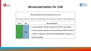 104
Revascularization for CAD
Recommendation for Revascularization for CAD
Referenced studies that support the recommendation are summarized in the Online Data Supplements.
COR LOE Recommendation
1 B-R
1. In selected patients with HF, reduced EF (EF ≤35%), and suitable
coronary anatomy, surgical revascularization plus GDMT is beneficial
to improve symptoms, cardiovascular hospitalizations, and long-term
all-cause mortality.
 