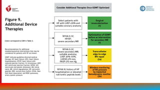 105
Figure 9.
Additional Device
Therapies
Colors correspond to COR in Table 2.
Recommendations for additional
nonpharmaceutical interventions that may be
considered for patients with HF are shown.
GDMT indicates guideline-directed medical
therapy; HF, heart failure; HFH, heart failure
hospitalization; HFrEF, heart failure with
reduced ejection fraction; IV, intravenous; LVEF,
left ventricular ejection fraction; LVESD, left
ventricular end systolic dimension; MV, mitral
valve; MR, mitral regurgitation; NP, natriuretic
peptide; NSR, normal sinus rhythm; NYHA, New
York Heart Association; and PASP, pulmonary
artery systolic pressure.
 