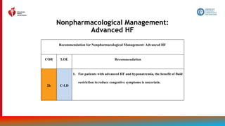 130
Nonpharmacological Management:
Advanced HF
Recommendation for Nonpharmacological Management: Advanced HF
COR LOE Recommendation
2b C-LD
1. For patients with advanced HF and hyponatremia, the benefit of fluid
restriction to reduce congestive symptoms is uncertain.
 