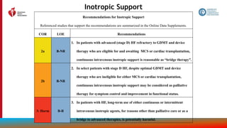 131
Inotropic Support
Recommendations for Inotropic Support
Referenced studies that support the recommendations are summarized in the Online Data Supplements.
COR LOE Recommendations
2a B-NR
1. In patients with advanced (stage D) HF refractory to GDMT and device
therapy who are eligible for and awaiting MCS or cardiac transplantation,
continuous intravenous inotropic support is reasonable as “bridge therapy”.
2b B-NR
2. In select patients with stage D HF, despite optimal GDMT and device
therapy who are ineligible for either MCS or cardiac transplantation,
continuous intravenous inotropic support may be considered as palliative
therapy for symptom control and improvement in functional status.
3: Harm B-R
3. In patients with HF, long-term use of either continuous or intermittent
intravenous inotropic agents, for reasons other than palliative care or as a
bridge to advanced therapies, is potentially harmful.
 
