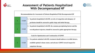 139
Assessment of Patients Hospitalized
With Decompensated HF
Recommendations for Assessment of Patients Hospitalized With Decompensated HF
1 C-LD
1. In patients hospitalized with HF, severity of congestion and adequacy of
perfusion should be assessed to guide triage and initial therapy.
1 C-LD
2. In patients hospitalized with HF, the common precipitating factors and the
overall patient trajectory should be assessed to guide appropriate therapy.
Goals for Optimization and Continuation of GDMT
1 C-LD
3. For patients admitted with HF, treatment should address reversible factors,
establish optimal volume status, and advance GDMT toward targets for
outpatient therapy.
 