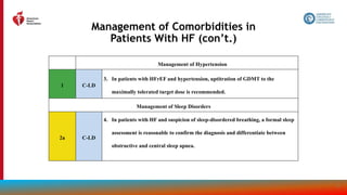 159
Management of Comorbidities in
Patients With HF (con’t.)
Management of Hypertension
1 C-LD
3. In patients with HFrEF and hypertension, uptitration of GDMT to the
maximally tolerated target dose is recommended.
Management of Sleep Disorders
2a C-LD
4. In patients with HF and suspicion of sleep-disordered breathing, a formal sleep
assessment is reasonable to confirm the diagnosis and differentiate between
obstructive and central sleep apnea.
 