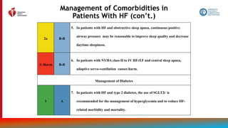 160
Management of Comorbidities in
Patients With HF (con’t.)
2a B-R
5. In patients with HF and obstructive sleep apnea, continuous positive
airway pressure may be reasonable to improve sleep quality and decrease
daytime sleepiness.
3: Harm B-R
6. In patients with NYHA class II to IV HFrEF and central sleep apnea,
adaptive servo-ventilation causes harm.
Management of Diabetes
1 A
7. In patients with HF and type 2 diabetes, the use of SGLT2i is
recommended for the management of hyperglycemia and to reduce HF-
related morbidity and mortality.
 