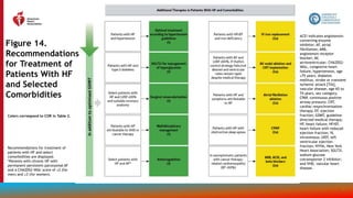 161
Figure 14.
Recommendations
for Treatment of
Patients With HF
and Selected
Comorbidities
Colors correspond to COR in Table 2.
Recommendations for treatment of
patients with HF and select
comorbidities are displayed.
*Patients with chronic HF with
permanent-persistent-paroxysmal AF
and a CHA2DS2-VASc score of ≥2 (for
men) and ≥3 (for women).
ACEi indicates angiotensin-
converting enzyme
inhibitor; AF, atrial
fibrillation; ARB,
angiotensin receptor
blocker; AV,
atrioventricular; CHA2DS2-
VASc, congestive heart
failure, hypertension, age
≥75 years, diabetes
mellitus, stroke or transient
ischemic attack [TIA],
vascular disease, age 65 to
74 years, sex category;
CPAP, continuous positive
airway pressure; CRT,
cardiac resynchronization
therapy; EF, ejection
fraction; GDMT, guideline-
directed medical therapy;
HF, heart failure; HFrEF,
heart failure with reduced
ejection fraction; IV,
intravenous; LVEF, left
ventricular ejection
fraction; NYHA, New York
Heart Association; SGLT2i,
sodium-glucose
cotransporter 2 inhibitor;
and VHD, valvular heart
disease.
 