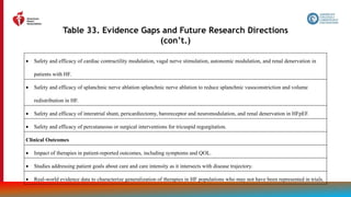 202
Table 33. Evidence Gaps and Future Research Directions
(con’t.)
 Safety and efficacy of cardiac contractility modulation, vagal nerve stimulation, autonomic modulation, and renal denervation in
patients with HF.
 Safety and efficacy of splanchnic nerve ablation splanchnic nerve ablation to reduce splanchnic vasoconstriction and volume
redistribution in HF.
 Safety and efficacy of interatrial shunt, pericardiectomy, baroreceptor and neuromodulation, and renal denervation in HFpEF.
 Safety and efficacy of percutaneous or surgical interventions for tricuspid regurgitation.
Clinical Outcomes
 Impact of therapies in patient-reported outcomes, including symptoms and QOL.
 Studies addressing patient goals about care and care intensity as it intersects with disease trajectory.
 Real-world evidence data to characterize generalization of therapies in HF populations who may not have been represented in trials.
 