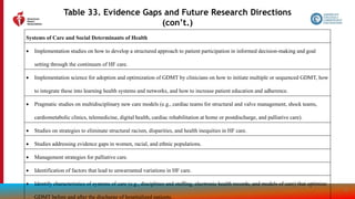 203
Table 33. Evidence Gaps and Future Research Directions
(con’t.)
Systems of Care and Social Determinants of Health
 Implementation studies on how to develop a structured approach to patient participation in informed decision-making and goal
setting through the continuum of HF care.
 Implementation science for adoption and optimization of GDMT by clinicians on how to initiate multiple or sequenced GDMT, how
to integrate these into learning health systems and networks, and how to increase patient education and adherence.
 Pragmatic studies on multidisciplinary new care models (e.g., cardiac teams for structural and valve management, shock teams,
cardiometabolic clinics, telemedicine, digital health, cardiac rehabilitation at home or postdischarge, and palliative care).
 Studies on strategies to eliminate structural racism, disparities, and health inequities in HF care.
 Studies addressing evidence gaps in women, racial, and ethnic populations.
 Management strategies for palliative care.
 Identification of factors that lead to unwarranted variations in HF care.
 Identify characteristics of systems of care (e.g., disciplines and staffing, electronic health records, and models of care) that optimize
GDMT before and after the discharge of hospitalized patients.
 