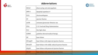 208
Abbreviations
DOAC direct-acting oral anticoagulants
DPP-4 dipeptidyl peptidase-4
ECG electrocardiogram
EF ejection fraction
eGFR estimated glomerular filtration rate
FDA U.S. Food and Drug Administration
FLC free light chain
GDMT guideline-directed medical therapy
HF heart failure
HFimpEF heart failure with improved ejection fraction
HFmrEF heart failure with mildly reduced ejection fraction
HFpEF heart failure with preserved ejection fraction
HFrEF heart failure with reduced ejection fraction
 