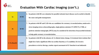 39
Evaluation With Cardiac Imaging (con’t.)
2a B-NR
6. In patients with HF, an evaluation for possible ischemic heart disease can be useful to identify
the cause and guide management.
2b B-NR
7. In patients with HF and CAD who are candidates for coronary revascularization, noninvasive
stress imaging (stress echocardiography, single-photon emission CT [SPECT], CMR, or
positron emission tomography [PET]) may be considered for detection of myocardial ischemia
to help guide coronary revascularization.
3: No Benefit C-EO
8. In patients with HF in the absence of: 1) clinical status change, 2) treatment interventions that
might have had a significant effect on cardiac function, or 3) candidacy for invasive
procedures or device therapy, routine repeat assessment of LV function is not indicated.
 