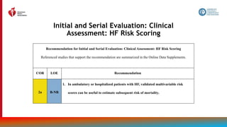 44
Initial and Serial Evaluation: Clinical
Assessment: HF Risk Scoring
Recommendation for Initial and Serial Evaluation: Clinical Assessment: HF Risk Scoring
Referenced studies that support the recommendation are summarized in the Online Data Supplements.
COR LOE Recommendation
2a B-NR
1. In ambulatory or hospitalized patients with HF, validated multivariable risk
scores can be useful to estimate subsequent risk of mortality.
 