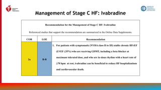 93
Management of Stage C HF: Ivabradine
Recommendation for the Management of Stage C HF: Ivabradine
Referenced studies that support the recommendation are summarized in the Online Data Supplements.
COR LOE Recommendation
2a B-R
1. For patients with symptomatic (NYHA class II to III) stable chronic HFrEF
(LVEF ≤35%) who are receiving GDMT, including a beta blocker at
maximum tolerated dose, and who are in sinus rhythm with a heart rate of
≥70 bpm at rest, ivabradine can be beneficial to reduce HF hospitalizations
and cardiovascular death.
 
