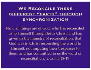 We Reconcile these
different “parts” through
synchronization
Now all things are of God, who has reconciled
us to Himself through Jesus Christ, and has
given us the ministry of reconciliation, that
God was in Christ reconciling the world to
Himself, not imputing their trespasses to
them, and has committed to us the word of
reconciliation. 2 Cor. 5:18-19
 