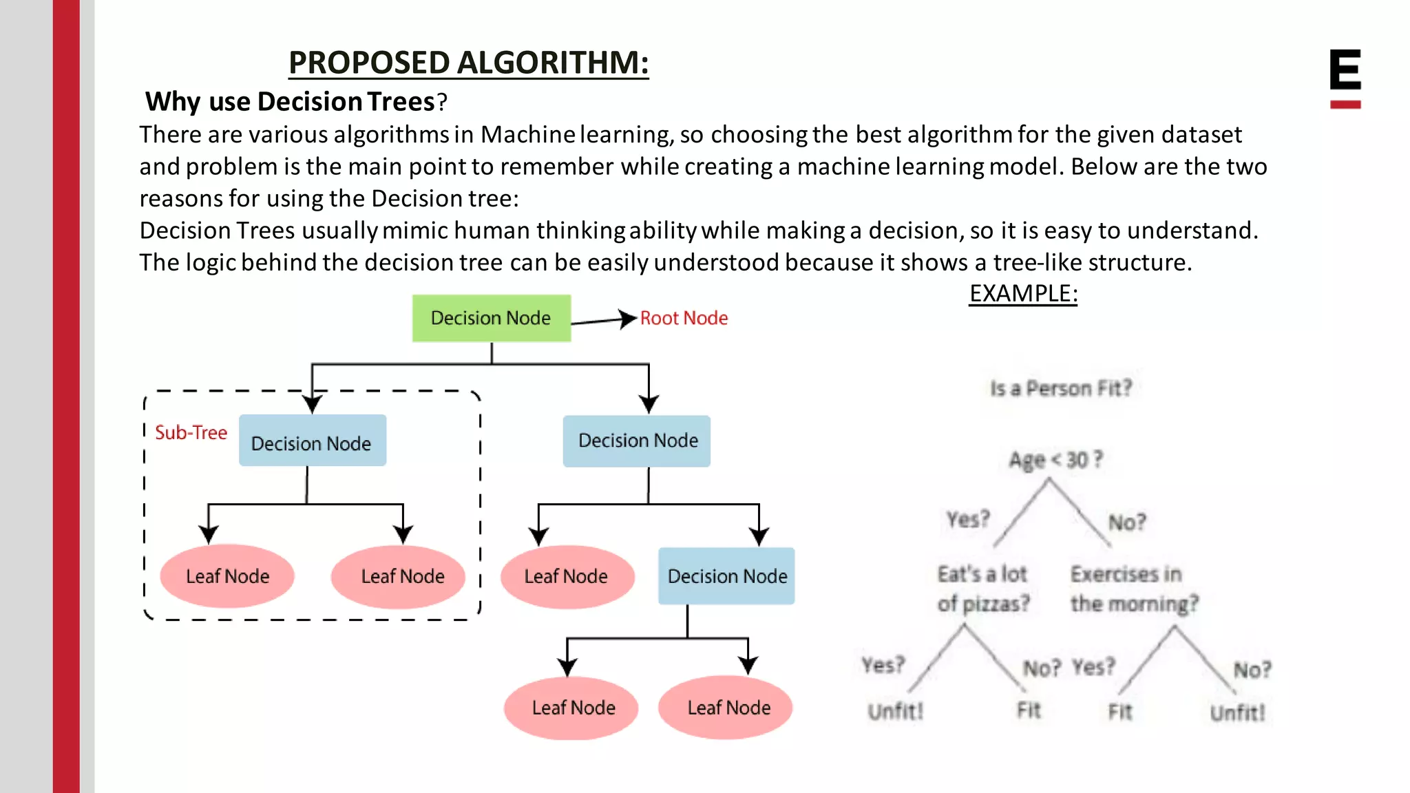 PROPOSED ALGORITHM: Why use DecisionTrees? There are various algorithms in Machinelearning, so choosing the best algorithm for the given dataset and problem is the main point to remember while creating a machine learning model. Below are the two reasons for using the Decision tree: Decision Trees usuallymimic human thinkingabilitywhile making a decision, so it is easy to understand. The logic behind the decision tree can be easily understood because it shows a tree-like structure. EXAMPLE: 