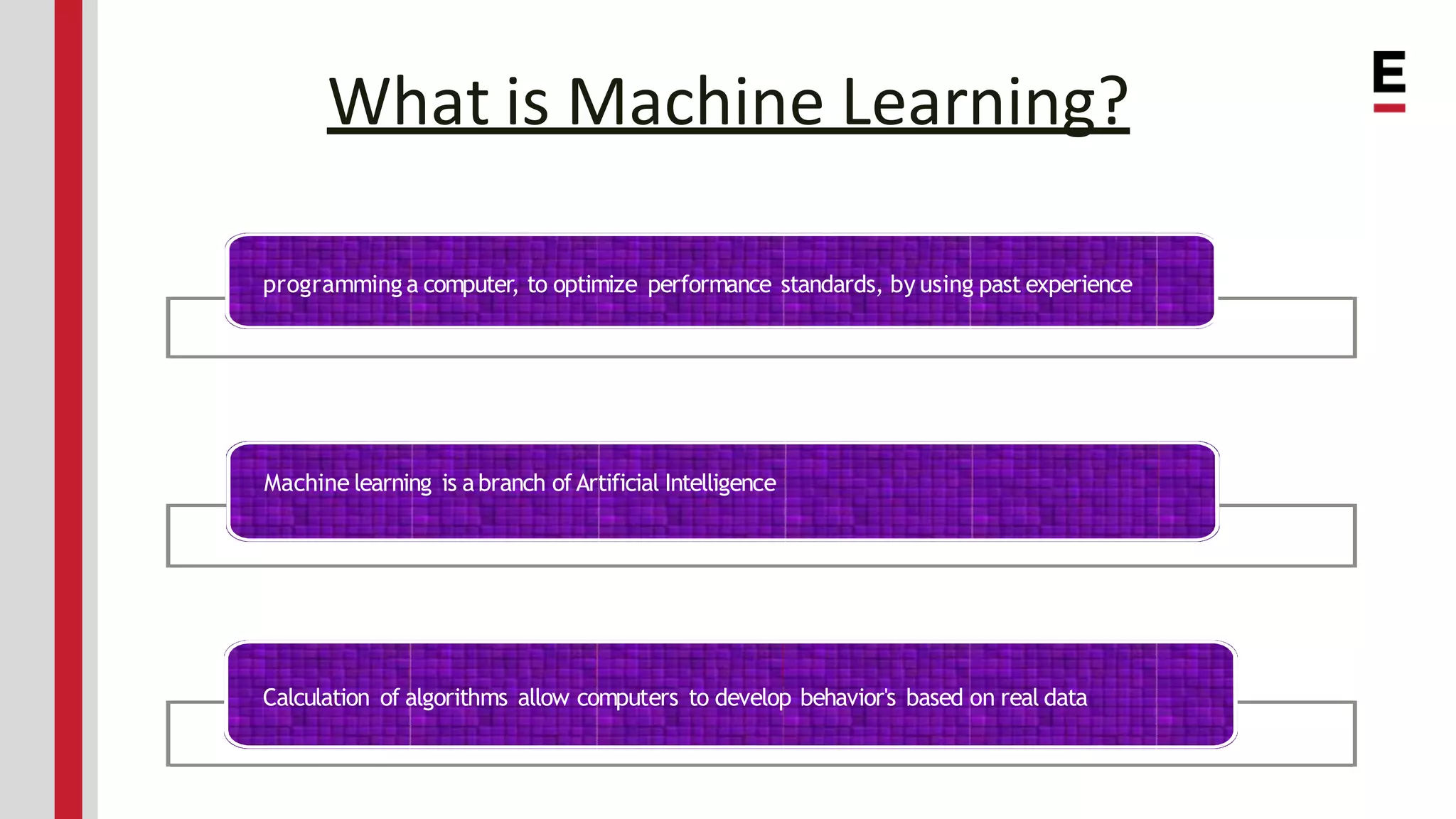 What is Machine Learning? programming a computer, to optimize performance standards, by using past experience Machine learning is abranch of Artificial Intelligence Calculation of algorithms allow computers to develop behavior's based on real data 