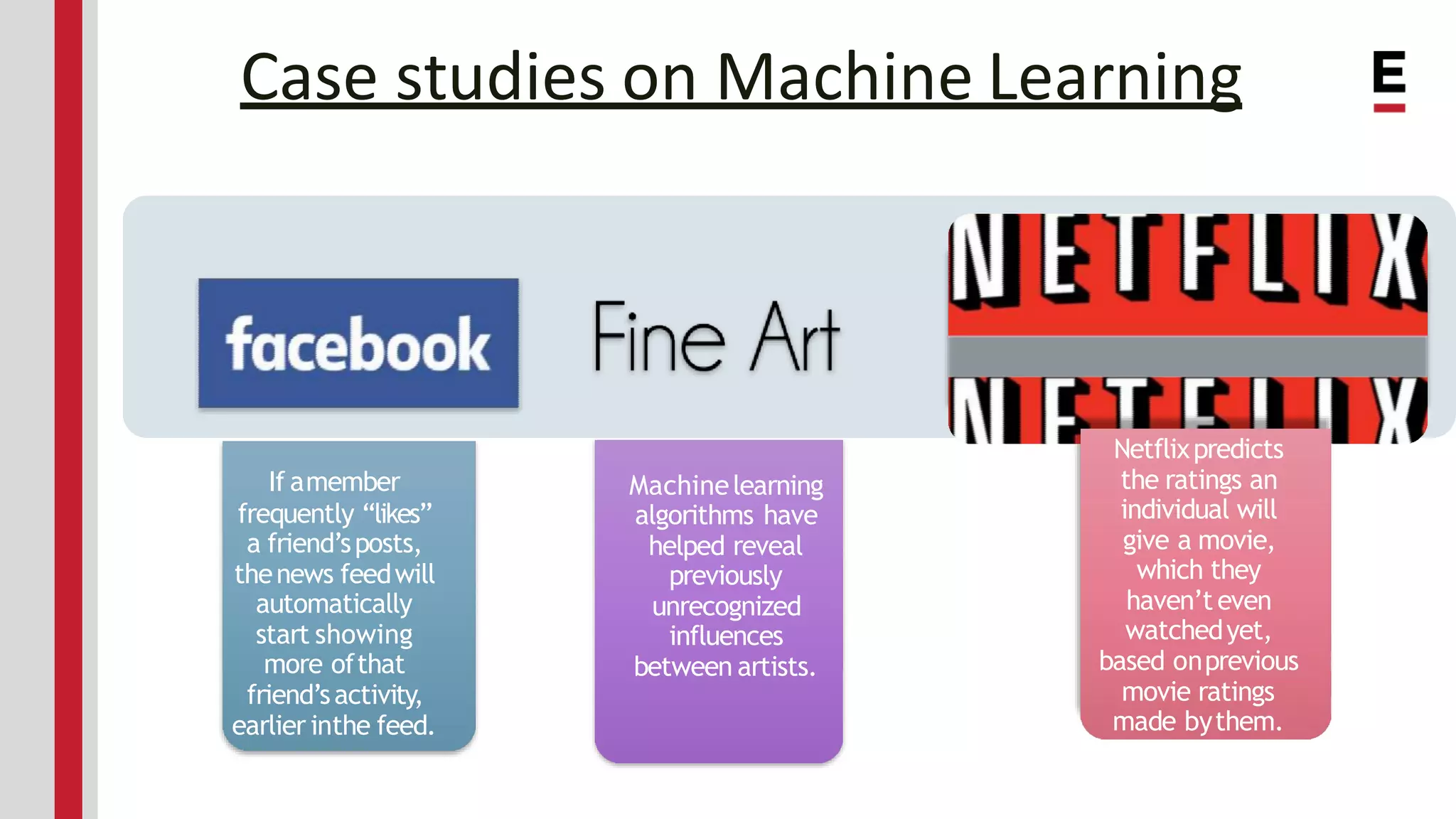 Case studies on Machine Learning If amember frequently “likes” a friend’sposts, thenews feedwill automatically start showing more ofthat friend’sactivity, earlier inthe feed. Machinelearning algorithms have helped reveal previously unrecognized influences between artists. Netflixpredicts the ratings an individual will give a movie, which they haven’teven watchedyet, based onprevious movie ratings made bythem. 