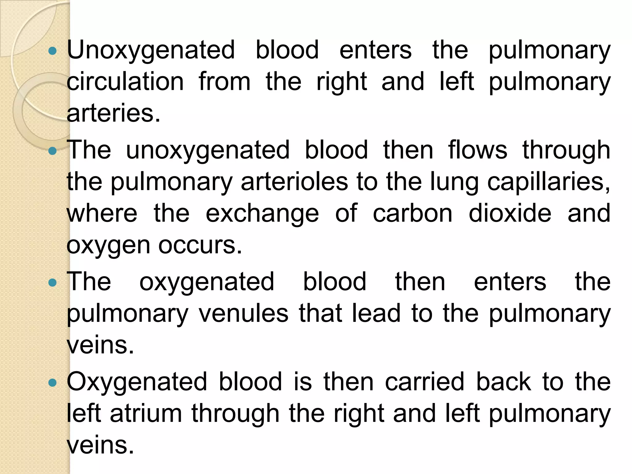  Unoxygenated blood enters the pulmonary
  circulation from the right and left pulmonary
  arteries.
 The unoxygenated blood then flows through
  the pulmonary arterioles to the lung capillaries,
  where the exchange of carbon dioxide and
  oxygen occurs.
 The oxygenated blood then enters the
  pulmonary venules that lead to the pulmonary
  veins.
 Oxygenated blood is then carried back to the
  left atrium through the right and left pulmonary
  veins.
 