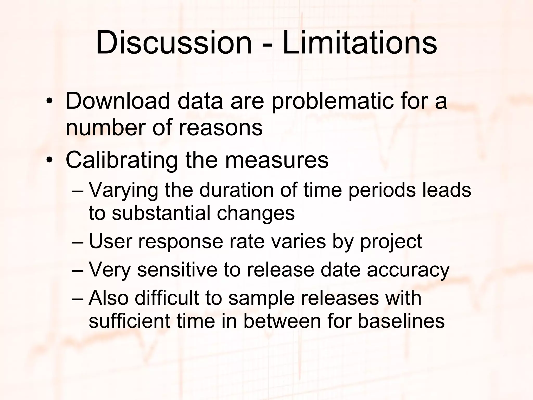 Discussion - Limitations Download data are problematic for a number of reasons Calibrating the measures Varying the duration of time periods leads to substantial changes User response rate varies by project Very sensitive to release date accuracy Also difficult to sample releases with sufficient time in between for baselines 