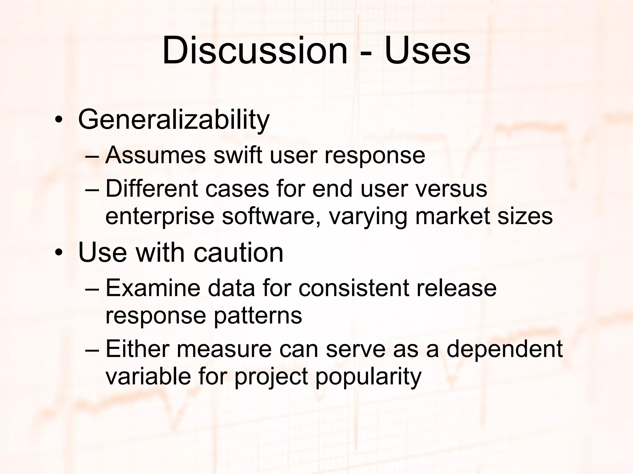 Discussion - Uses Generalizability Assumes swift user response Different cases for end user versus enterprise software, varying market sizes Use with caution Examine data for consistent release response patterns Either measure can serve as a dependent variable for project popularity 