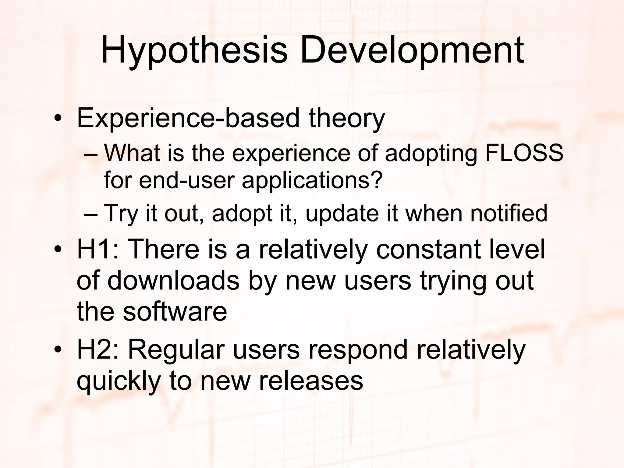 Hypothesis Development Experience-based theory What is the experience of adopting FLOSS for end-user applications? Try it out, adopt it, update it when notified H1: There is a relatively constant level of downloads by new users trying out the software H2: Regular users respond relatively quickly to new releases 