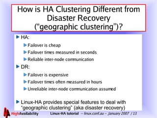 How is HA Clustering Different from Disaster Recovery (“geographic clustering”)? HA: Failover is cheap Failover times measured in seconds Reliable inter-node communication DR: Failover is expensive Failover times often measured in hours Unreliable inter-node communication assumed Linux-HA provides special features to deal with “geographic clustering” (aka disaster recovery) 