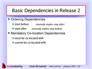 Basic Dependencies in Release 2 Ordering Dependencies start before  (normally implies stop after) start after  (normally implies stop before) Mandatory Co-location Dependencies must be co-located with cannot be co-located with 