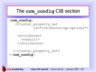 The  crm_config  CIB section < crm_config >   <cluster_property_set   id="cib-bootstrap-options">   <attributes>   <nvpair/>   </attributes>   </cluster_property_set> </ crm_config > 