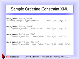 Sample Ordering Constraint XML <ul><li>< rsc_order  id=&quot;O_dhcpd&quot;  from=&quot;R_dhcpd&quot; type=&quot;after&quot...