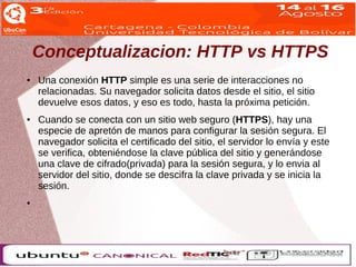 Conceptualizacion: HTTP vs HTTPS 
● Una conexión HTTP simple es una serie de interacciones no 
relacionadas. Su navegador solicita datos desde el sitio, el sitio 
devuelve esos datos, y eso es todo, hasta la próxima petición. 
● Cuando se conecta con un sitio web seguro (HTTPS), hay una 
especie de apretón de manos para configurar la sesión segura. El 
navegador solicita el certificado del sitio, el servidor lo envía y este 
se verifica, obteniéndose la clave pública del sitio y generándose 
una clave de cifrado(privada) para la sesión segura, y lo envia al 
servidor del sitio, donde se descifra la clave privada y se inicia la 
sesión. 
● 
 