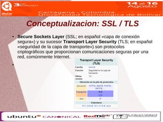 Conceptualizacion: SSL / TLS 
● Secure Sockets Layer (SSL; en español «capa de conexión 
segura») y su sucesor Transport Layer Security (TLS; en español 
«seguridad de la capa de transporte») son protocolos 
criptográficos que proporcionan comunicaciones seguras por una 
red, comúnmente Internet. 
● 
 