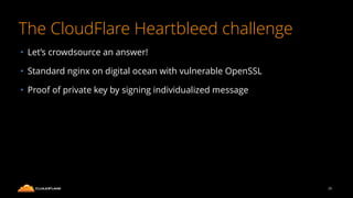 The CloudFlare Heartbleed challenge
• Let’s crowdsource an answer!
• Standard nginx on digital ocean with vulnerable OpenSSL
• Proof of private key by signing individualized message
26
 