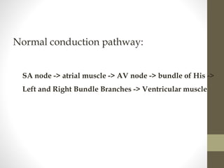 Normal conduction pathway:
SA node -> atrial muscle -> AV node -> bundle of His ->
Left and Right Bundle Branches -> Ventricular muscle
 
