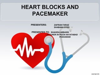 HEART BLOCKS AND
PACEMAKER
PRESENTERS: ZAFRAN FARAZ
SHABANA SYED
PRESENTED TO: SHAHIDA ABBASSI
LECTURER IN PGCN HAYATABAD
PESHAWAR
 