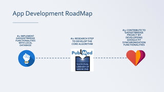 App Development RoadMap
#1: IMPLEMENT
GADGDETBRIDGE
FUNCTIONALITIES
WITH LOCAL
DATABASE
#3: CONTRIBUTETO
GADGETBRIDGE
PROJECT BY
DEVELOPEING
GOOGLE FIT
SYNCHRONIZATION
FUNCTIONALITIES
#2: RESEARCH STEP
TO DEVELOPTHE
CORE ALGORITHM
 