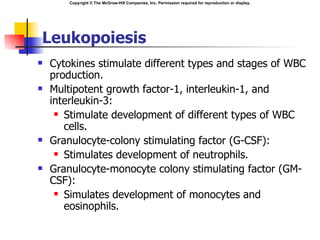 Copyright © The McGraw-Hill Companies, Inc. Permission required for reproduction or display.




Leukopoiesis
   Cytokines stimulate different types and stages of WBC
    production.
   Multipotent growth factor-1, interleukin-1, and
    interleukin-3:
      Stimulate development of different types of WBC

       cells.
   Granulocyte-colony stimulating factor (G-CSF):
      Stimulates development of neutrophils.

   Granulocyte-monocyte colony stimulating factor (GM-
    CSF):
      Simulates development of monocytes and

       eosinophils.
 