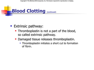 Copyright © The McGraw-Hill Companies, Inc. Permission required for reproduction or display.




Blood Clotting                                        (continued)




   Extrinsic pathway:
       Thromboplastin is not a part of the blood,
        so called extrinsic pathway.
       Damaged tissue releases thromboplastin.
            Thromboplastin initiates a short cut to formation
             of fibrin.
 