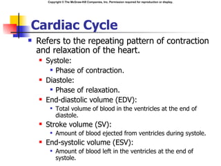 Copyright © The McGraw-Hill Companies, Inc. Permission required for reproduction or display.




Cardiac Cycle
   Refers to the repeating pattern of contraction
    and relaxation of the heart.
       Systole:
          Phase of contraction.

       Diastole:
          Phase of relaxation.

       End-diastolic volume (EDV):
            Total volume of blood in the ventricles at the end of
             diastole.
       Stroke volume (SV):
            Amount of blood ejected from ventricles during systole.
       End-systolic volume (ESV):
            Amount of blood left in the ventricles at the end of
             systole.
 