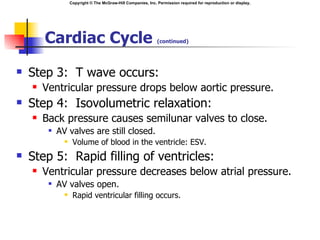 Copyright © The McGraw-Hill Companies, Inc. Permission required for reproduction or display.




        Cardiac Cycle                                          (continued)




   Step 3: T wave occurs:
       Ventricular pressure drops below aortic pressure.
   Step 4: Isovolumetric relaxation:
       Back pressure causes semilunar valves to close.
            AV valves are still closed.
                   Volume of blood in the ventricle: ESV.
   Step 5: Rapid filling of ventricles:
       Ventricular pressure decreases below atrial pressure.
            AV valves open.
                   Rapid ventricular filling occurs.
 